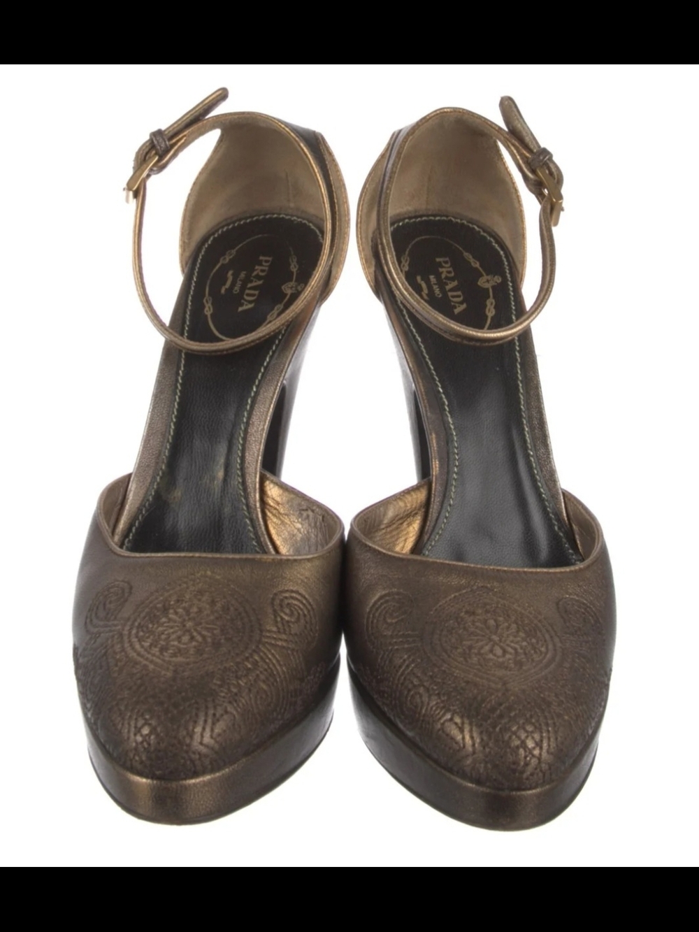 Prada Metallic Bronze Embossed Leather Ankle-Strap Pumps